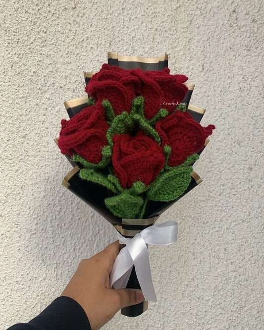 Crochet Maroon Roses Exquisite Bouquet