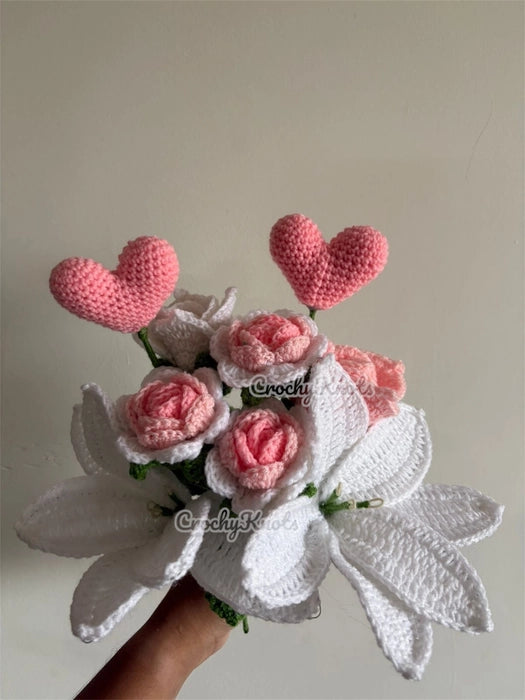 Rosy Loops & Love (Crochet White Lily and Roses Bunch)