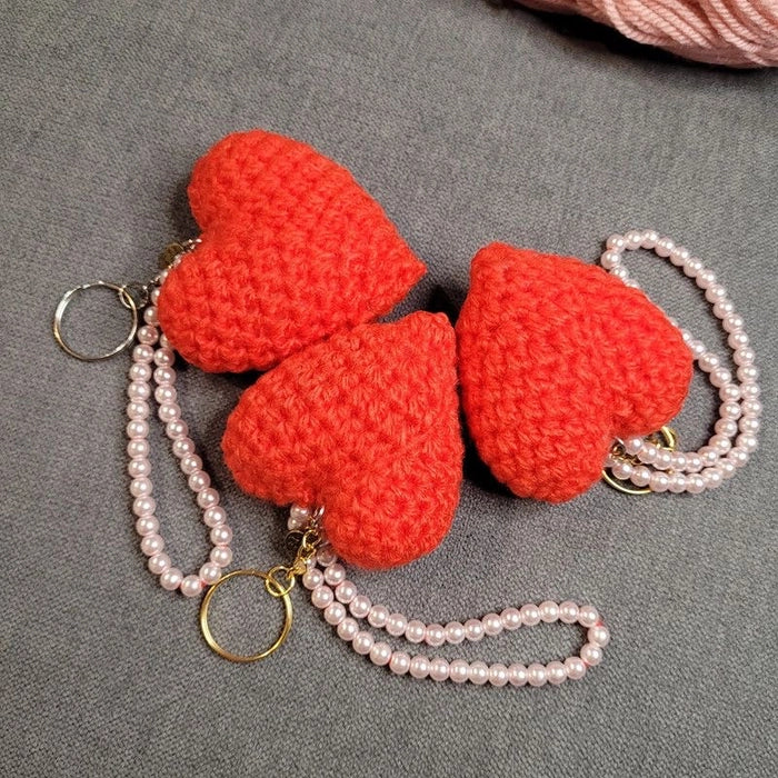 Crochet Heart Pearl Keychain