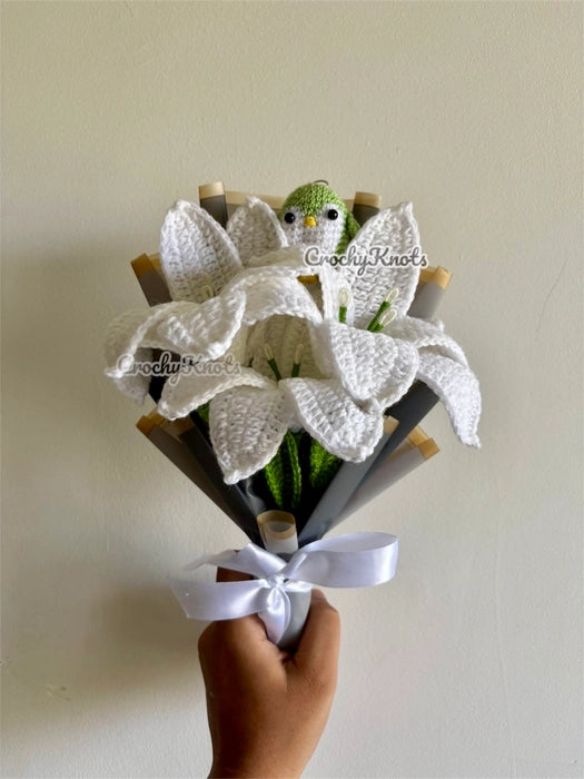 Crochet Lilies and Waddle Bouquet (White Lily and Penguin)