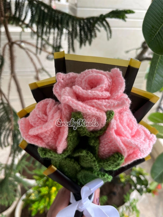 Midnight Blush Trio | Crochet Pink Roses Bouquet