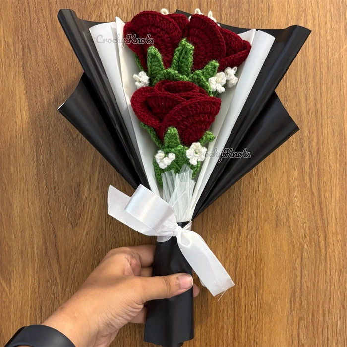 Maroon majestic blooms | Crochet Maroon roses and baby breaths bouquet