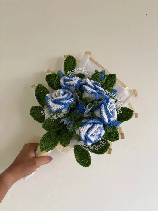 Sky Petal Embrace | Crochet Sky blue bordered roses bouquet arrangement