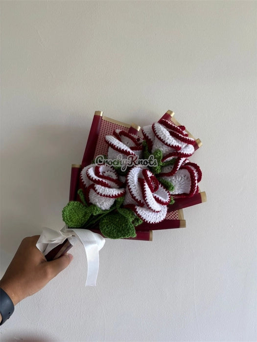 Crochet Velvet Grace Roses Bouquet | White & Maroon