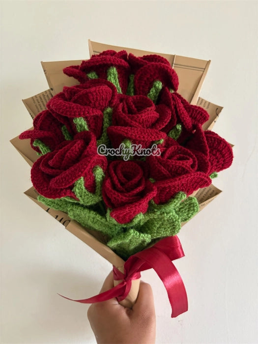 Crochet Eternal Bloom - 10 Maroon Roses Bouquet