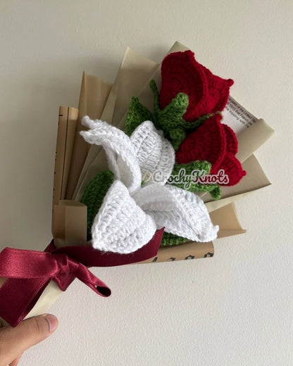 Crochet Eternal Blossom Charm | White Lily and Red roses bouquet