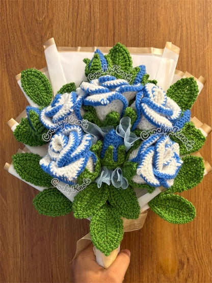 Sky Petal Embrace | Crochet Sky blue bordered roses bouquet arrangement