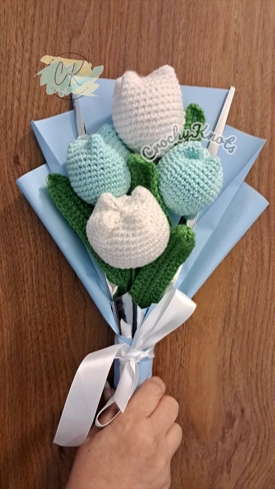 Crochet Sky Blue Tulips Bouquet Soft Blooms