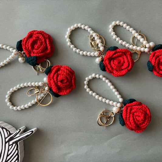Crochet Rose Pearls Keychain