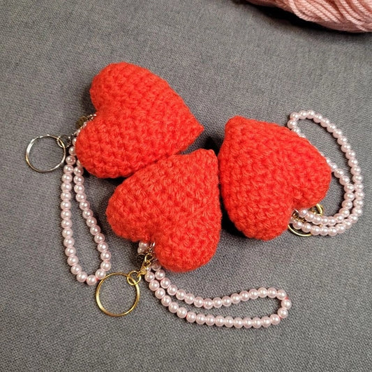 Crochet Heart Pearl Keychain