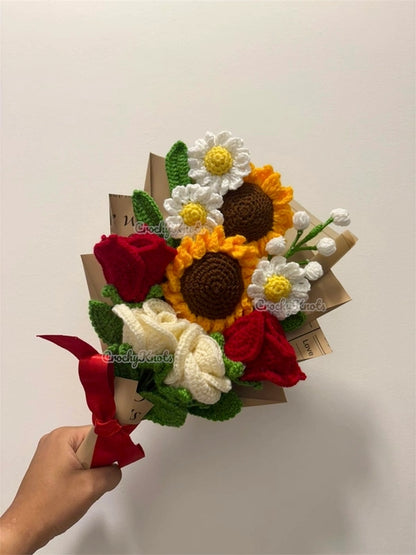 Crochet Sun Kissed Whimsy Bouquet (Sunflowers, Roses, Daisies)