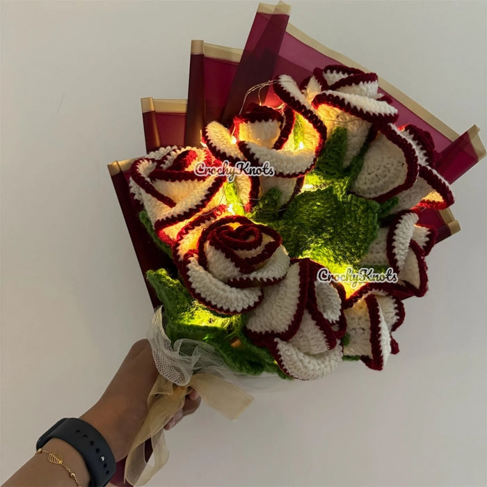 Crochet Radiant Rose Glow Bouquet | Fairy lights bouquet | Roses | Border roses