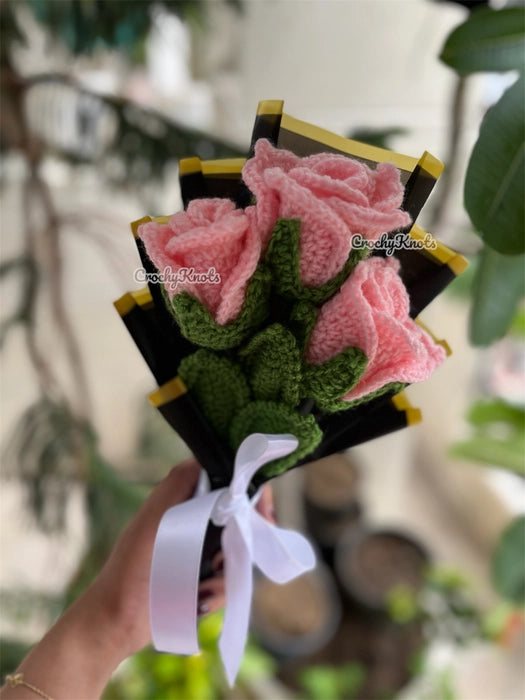 Midnight Blush Trio | Crochet Pink Roses Bouquet