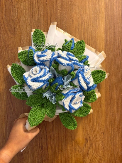 Sky Petal Embrace | Crochet Sky blue bordered roses bouquet arrangement