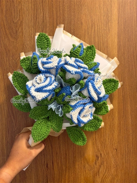 Sky Petal Embrace | Crochet Sky blue bordered roses bouquet arrangement