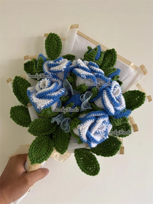 Sky Petal Embrace | Crochet Sky blue bordered roses bouquet arrangement