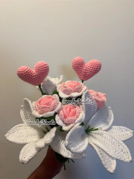 Rosy Loops & Love (Crochet White Lily and Roses Bunch)