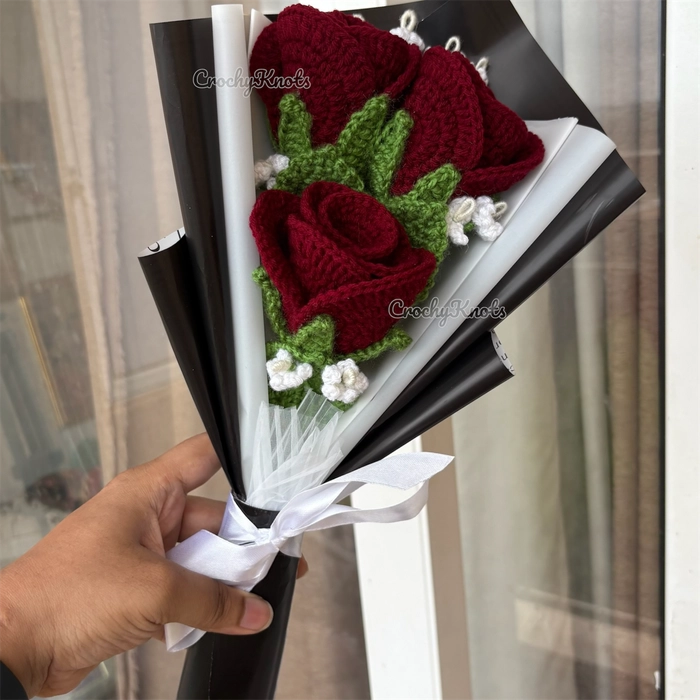 Maroon majestic blooms | Crochet Maroon roses and baby breaths bouquet