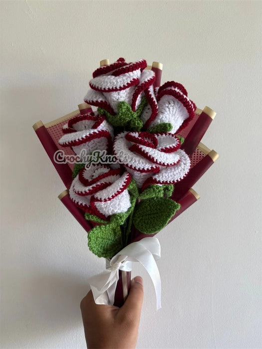 Crochet Velvet Grace Roses Bouquet | White & Maroon