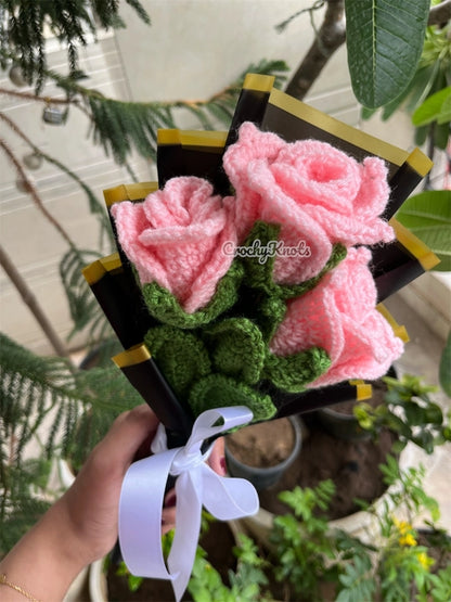 Midnight Blush Trio | Crochet Pink Roses Bouquet