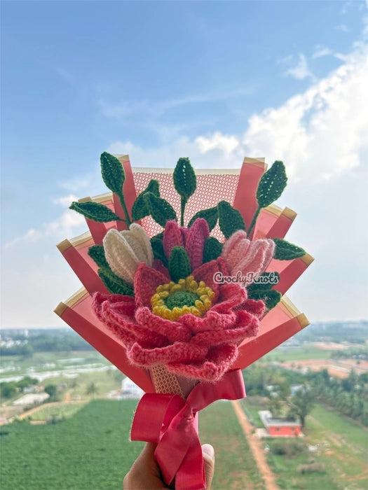 Crochet Pink Lotus and Tulips Bouquet