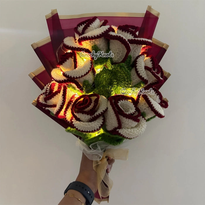 Crochet Radiant Rose Glow Bouquet | Fairy lights bouquet | Roses | Border roses