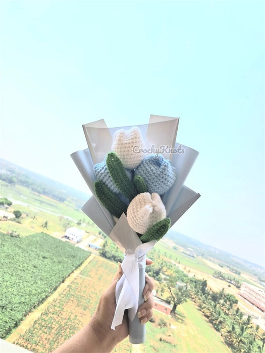 Crochet Sky Blue Tulips Bouquet Soft Blooms