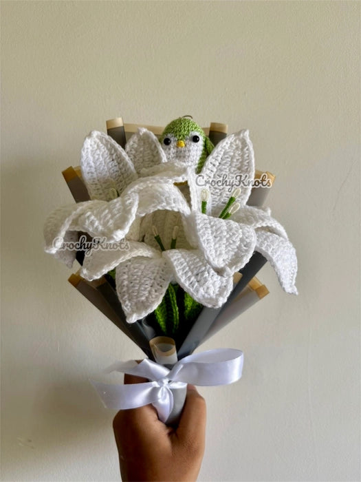 Crochet Lilies and Waddle Bouquet (White Lily and Penguin)