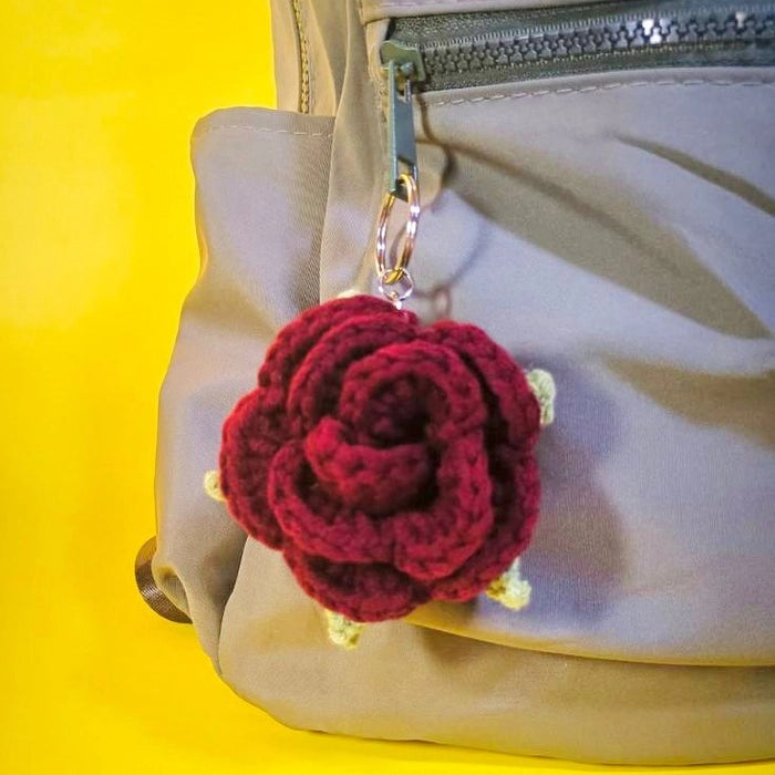 Crochet Maroon Rose Keychain