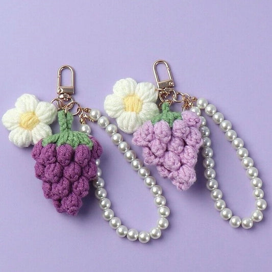Crochet Grapes Pearl Keychain with Daisy Charm