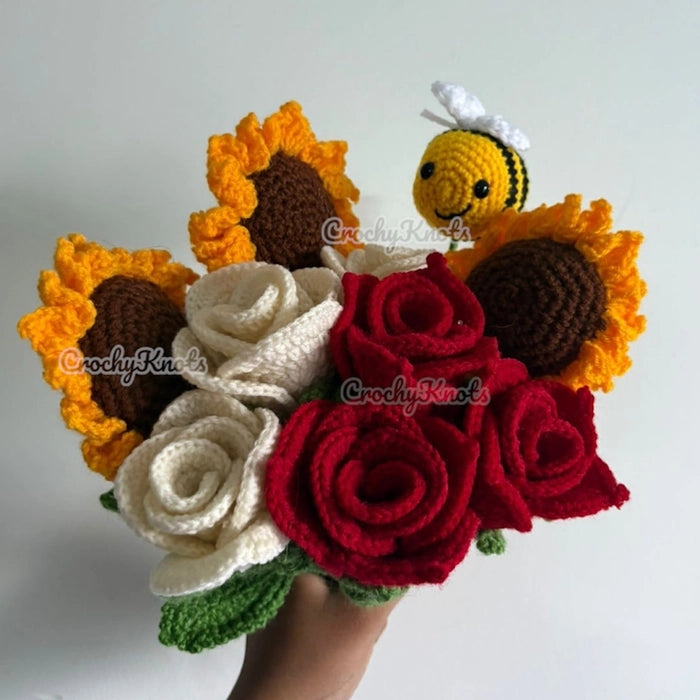 Sunny Bloom Bee-quet (Crochet sunflowers, roses and bee stick)
