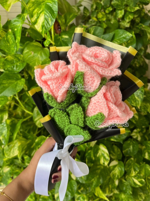 Midnight Blush Trio | Crochet Pink Roses Bouquet