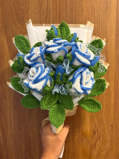 Sky Petal Embrace | Crochet Sky blue bordered roses bouquet arrangement