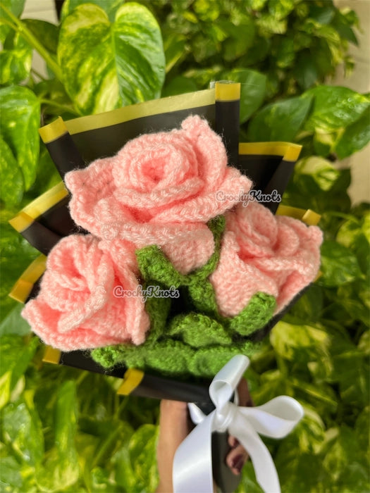 Midnight Blush Trio | Crochet Pink Roses Bouquet