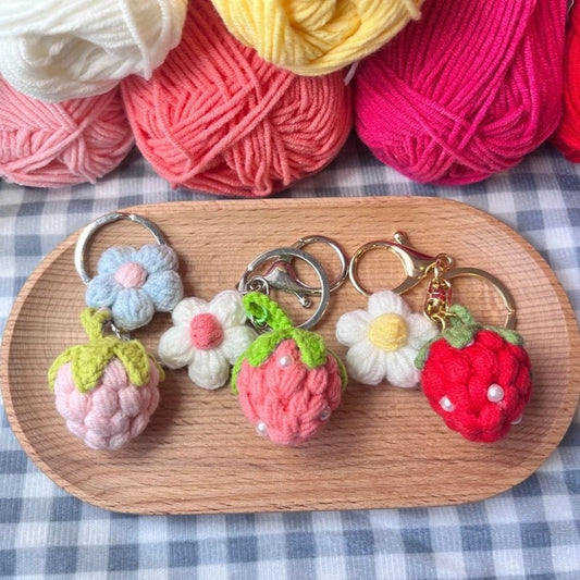 Crochet Strawberry with Flower Keychain