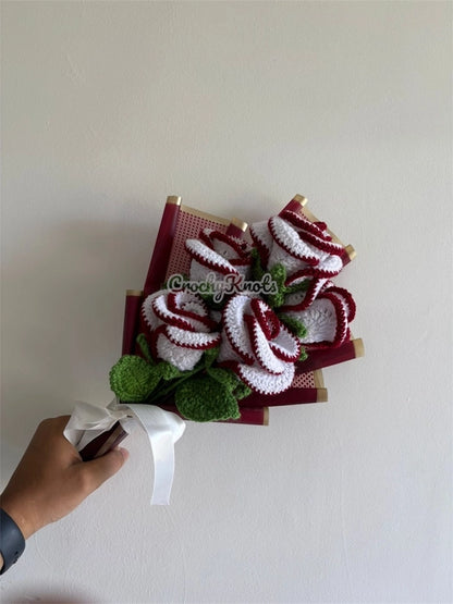 Crochet Velvet Grace Roses Bouquet | White & Maroon