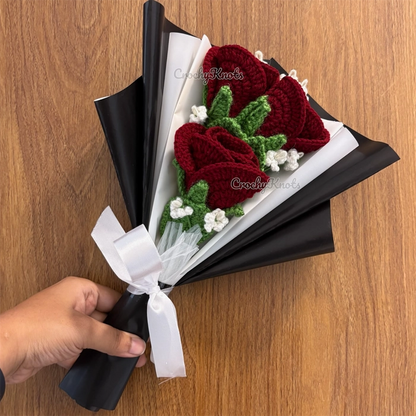 Maroon majestic blooms | Crochet Maroon roses and baby breaths bouquet
