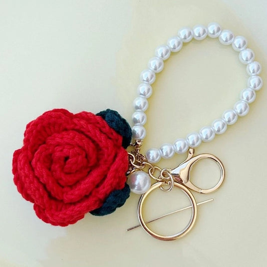 Crochet Rose Pearls Keychain