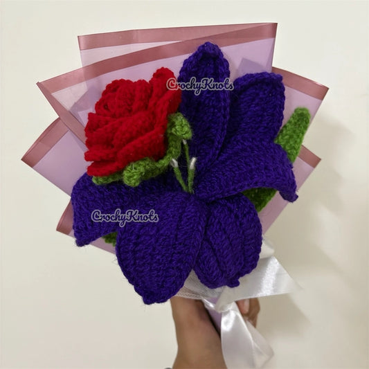Crochet Royal Romance Bouquet - Red Rose And Purple Lily